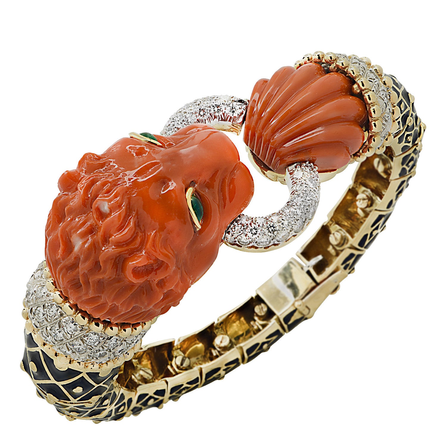 David Webb Post-1980s 18KT Yellow Gold Coral, Diamond, Emerald & Enamel Lion Bracelet top