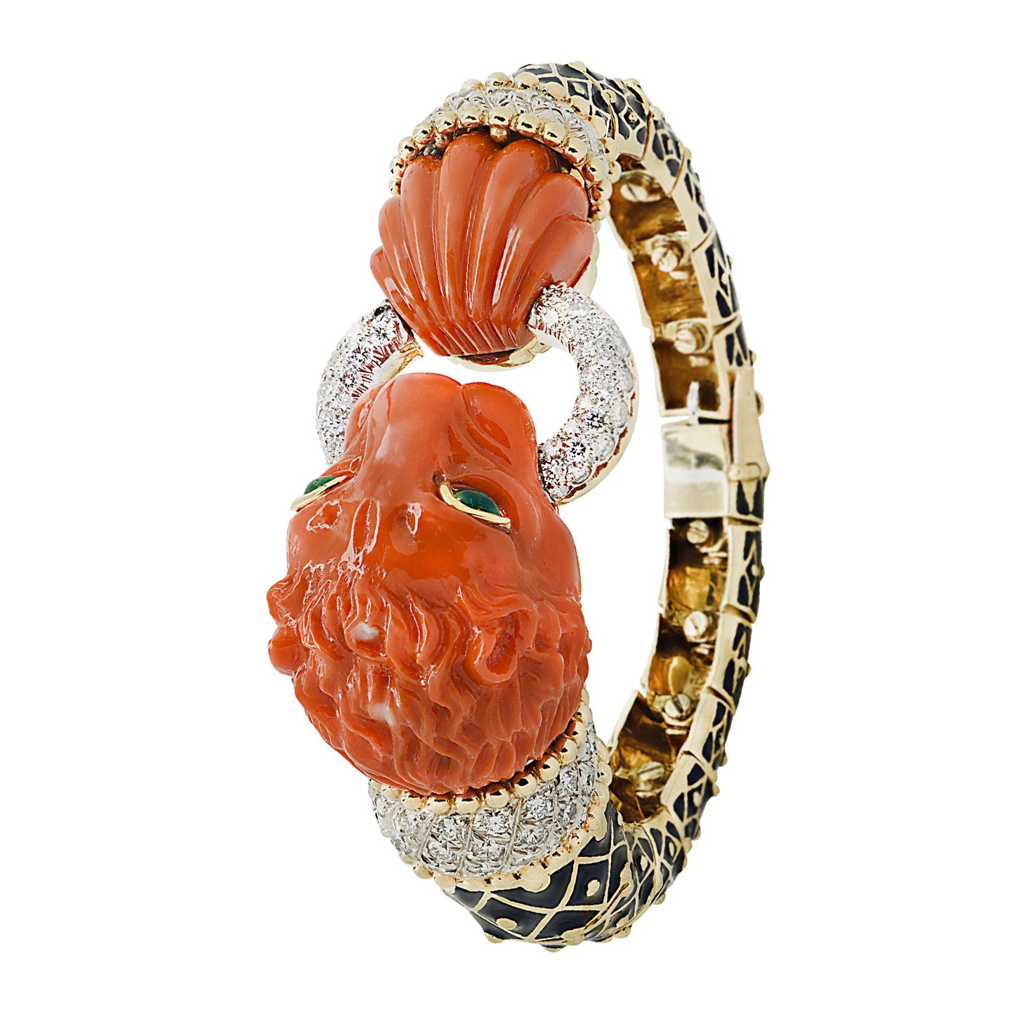 David Webb Post-1980s 18KT Yellow Gold Coral, Diamond, Emerald & Enamel Lion Bracelet top