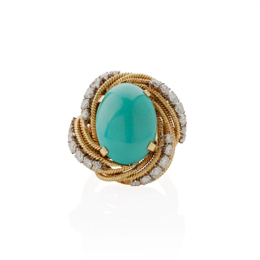 Van Cleef & Arpels Paris 1970s Platinum & 18KT Yellow Gold Turquoise & Diamond Ring front