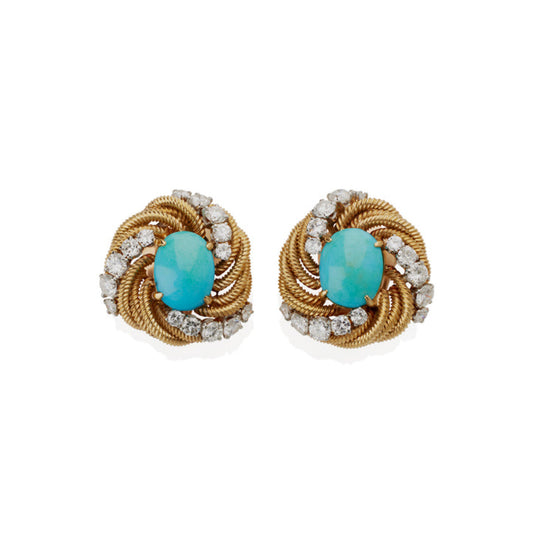 Van Cleef & Arpels Paris 1970s Platinum & 18KT Yellow Gold Turquoise & Diamond Earrings front