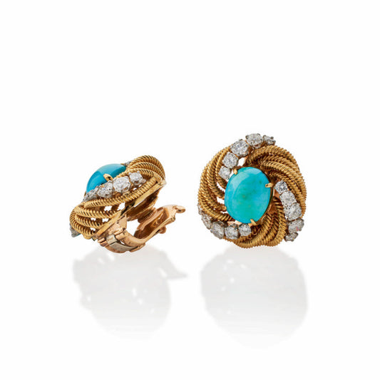 Van Cleef & Arpels Paris 1970s Platinum & 18KT Yellow Gold Turquoise & Diamond Earrings side and front