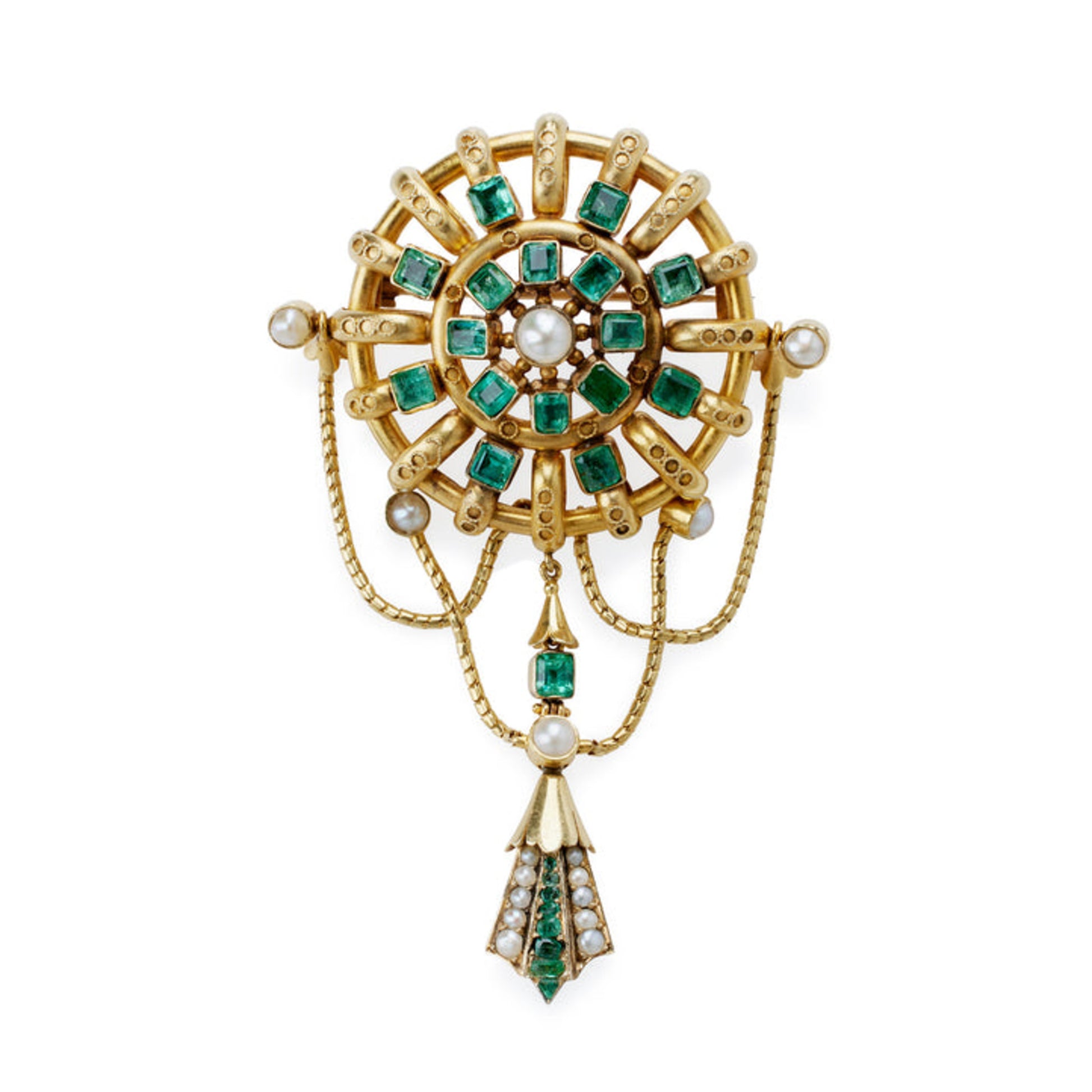 Carlo Giuliano London Renaissance Revival 18KT Yellow Gold Emerald & Natural Pearl Brooch front