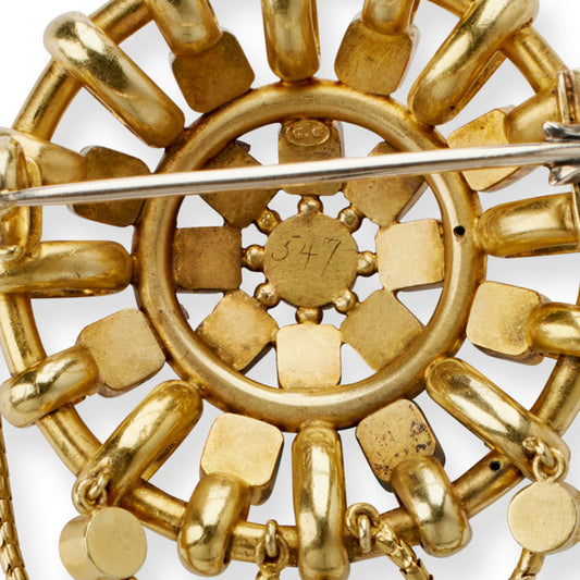Carlo Giuliano London Renaissance Revival 18KT Yellow Gold Emerald & Natural Pearl Brooch close-up details