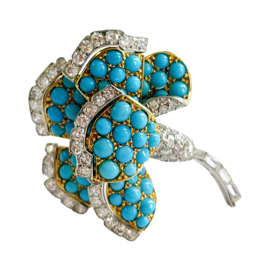 Cartier Paris 1930s 18KT Yellow Gold Turquoise & Diamond Flower Brooch front