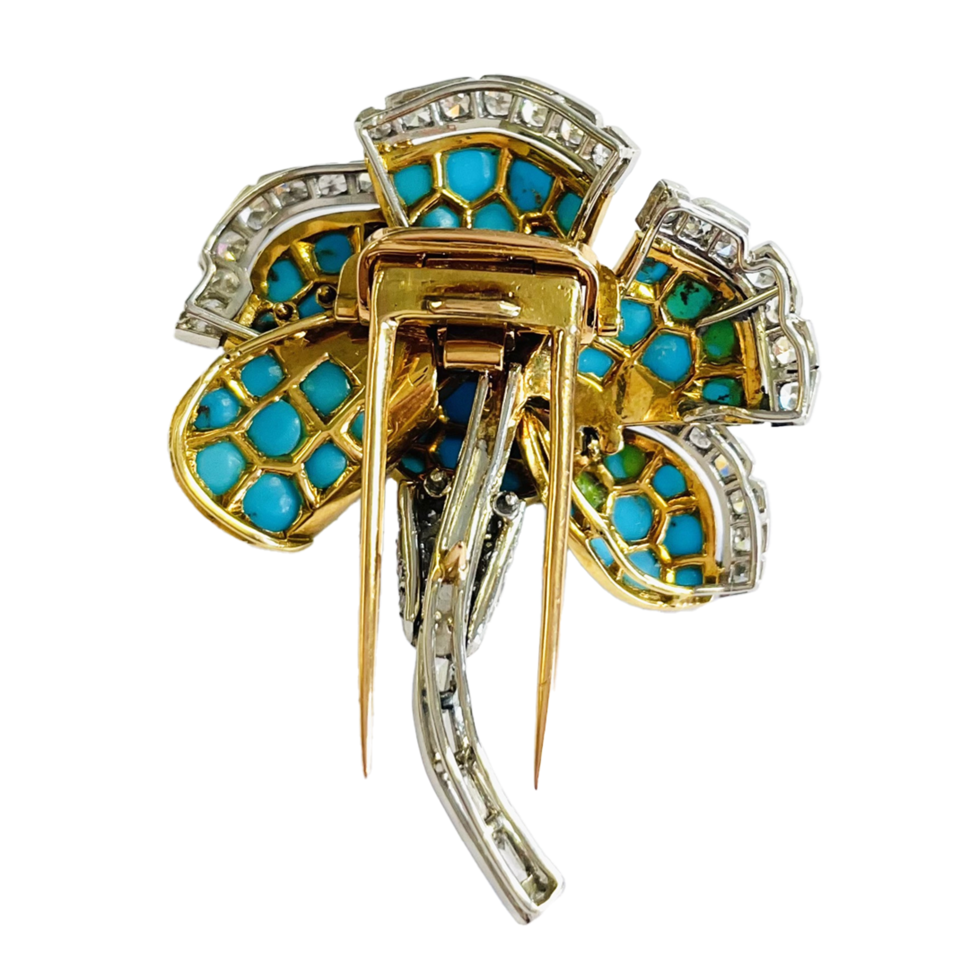 Cartier Paris 1930s 18KT Yellow Gold Turquoise & Diamond Flower Brooch back