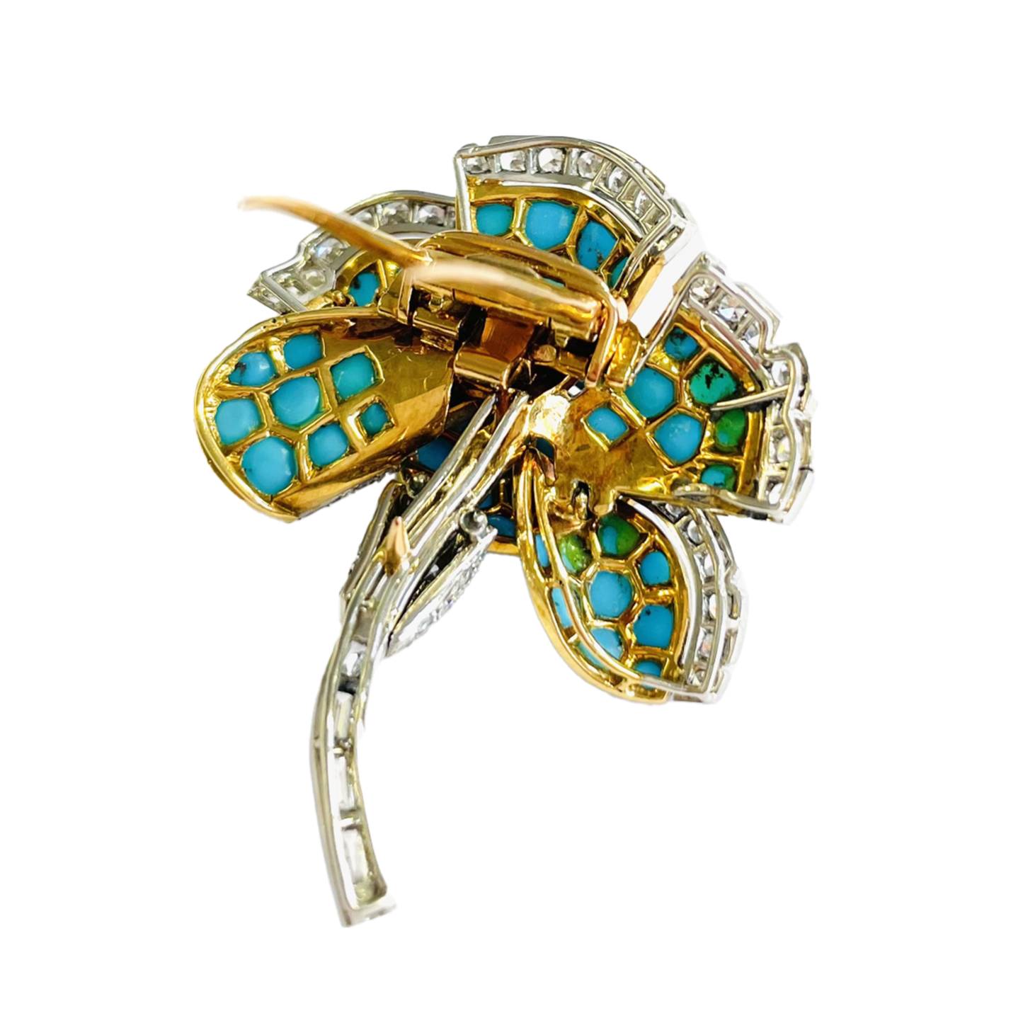 Cartier Paris 1930s 18KT Yellow Gold Turquoise & Diamond Flower Brooch back