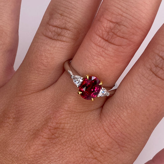 Contemporary Platinum & 18KT Yellow Gold Ruby & Diamond Ring on finger