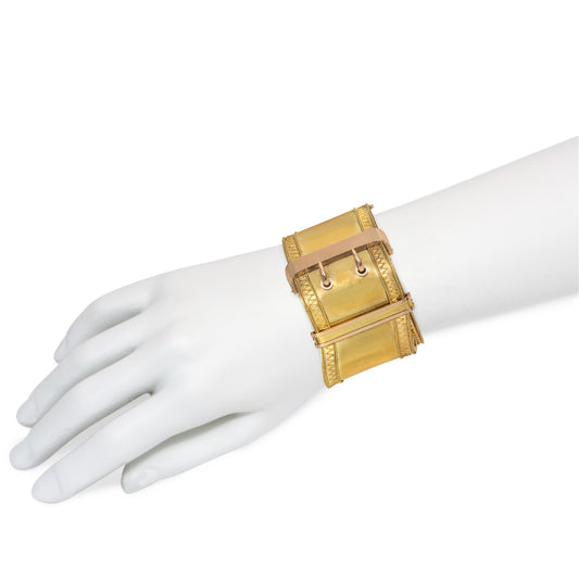 Victorian 18KT Rose & Yellow Gold Buckle Bracelet on wrist