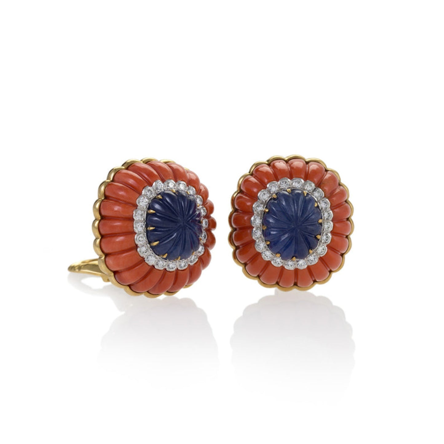 David Webb Post-1980s Platinum & 18KT Yellow Gold Sapphire, Coral & Diamond Earrings front