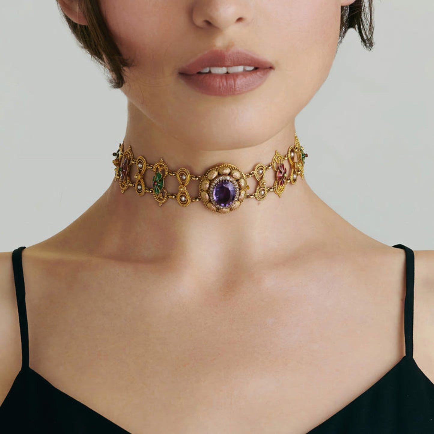 Victorian 15KT Yellow Gold Amethyst, Diamond & Natural Pearl Necklace on neck