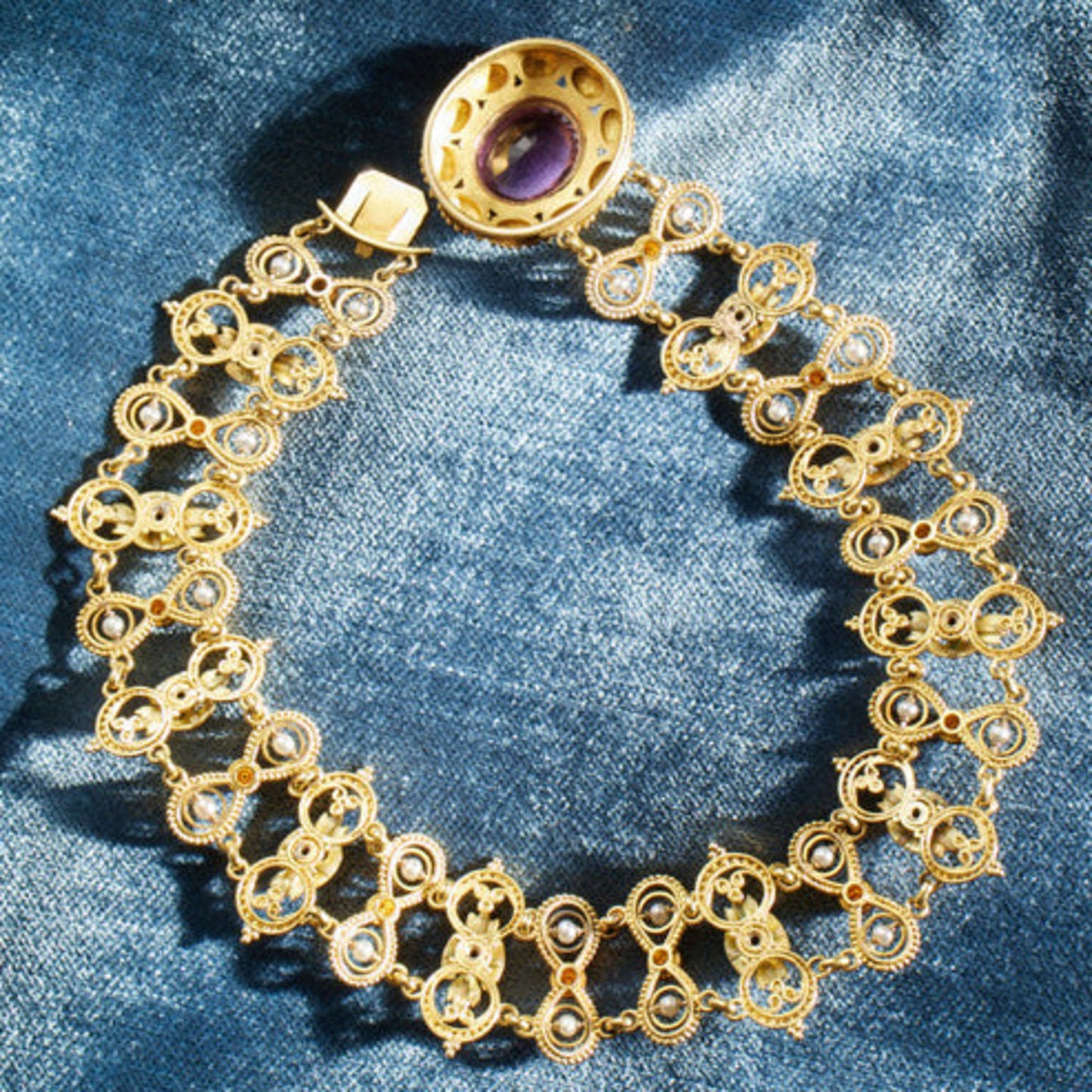 Victorian 15KT Yellow Gold Amethyst, Diamond & Natural Pearl Necklace back