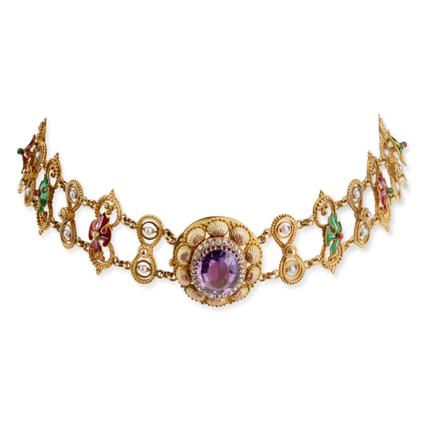 Victorian 15KT Yellow Gold Amethyst, Diamond & Natural Pearl Necklace front