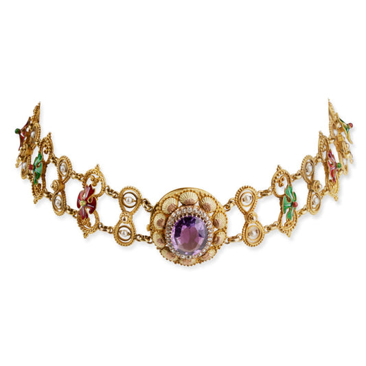 Victorian 15KT Yellow Gold Amethyst, Diamond & Natural Pearl Necklace front