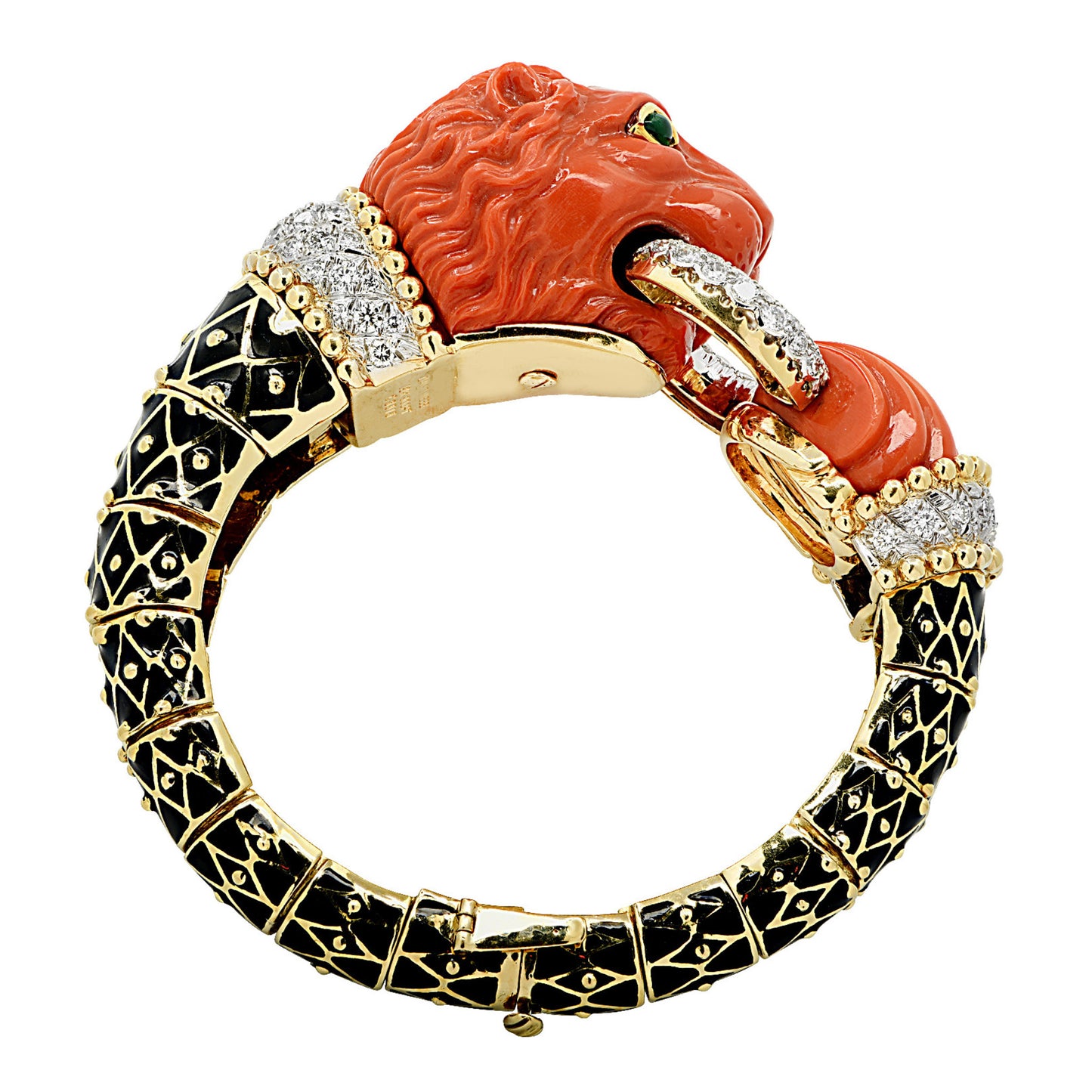 David Webb Post-1980s 18KT Yellow Gold Coral, Diamond, Emerald & Enamel Lion Bracelet profile