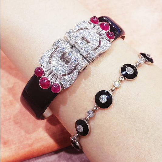 French Art Deco Platinum, 18KT Yellow Gold & 14KT White Gold Diamond & Ruby Double Clips Bracelet worn on wrist