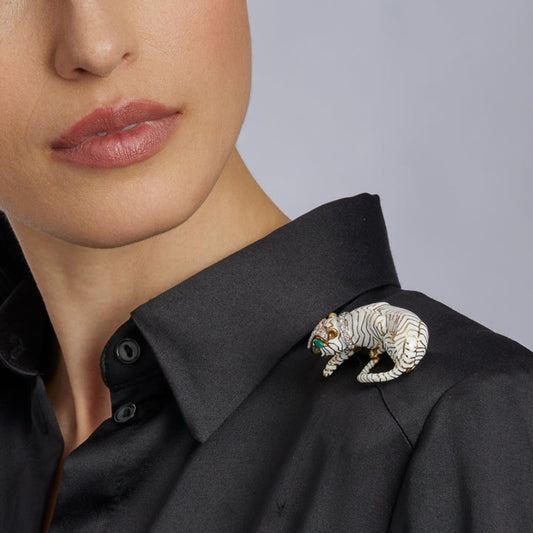 David Webb New York 1960s Platinum & 18KT Yellow Gold Diamond, Emerald & Enamel Tiger Brooch on blouse