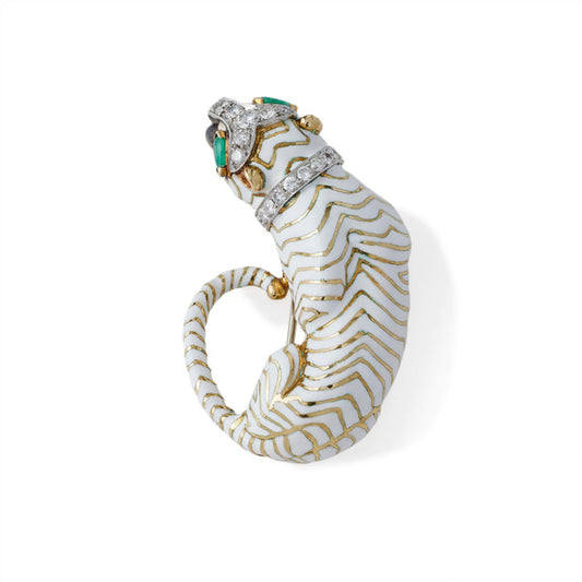 David Webb New York 1960s Platinum & 18KT Yellow Gold Diamond, Emerald & Enamel Tiger Brooch top