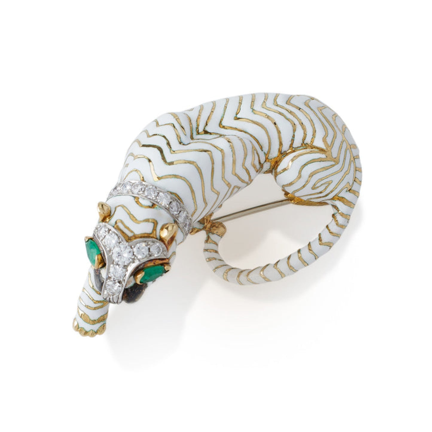 David Webb New York 1960s Platinum & 18KT Yellow Gold Diamond, Emerald & Enamel Tiger Brooch top