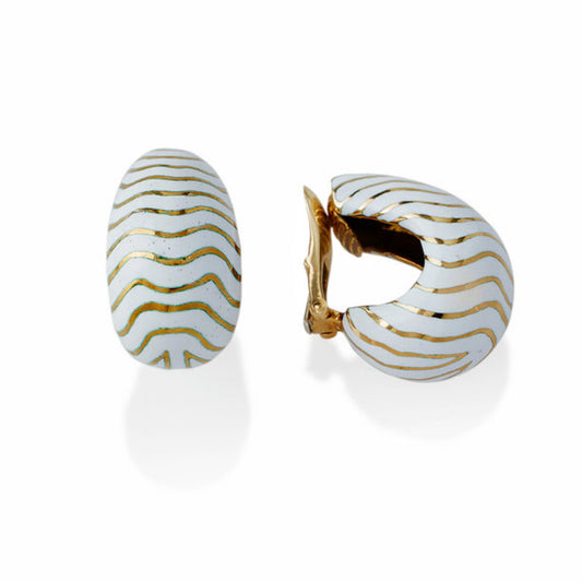 David Webb New York 1960s Platinum & 18KT Yellow Gold Enamel Earrings front and side