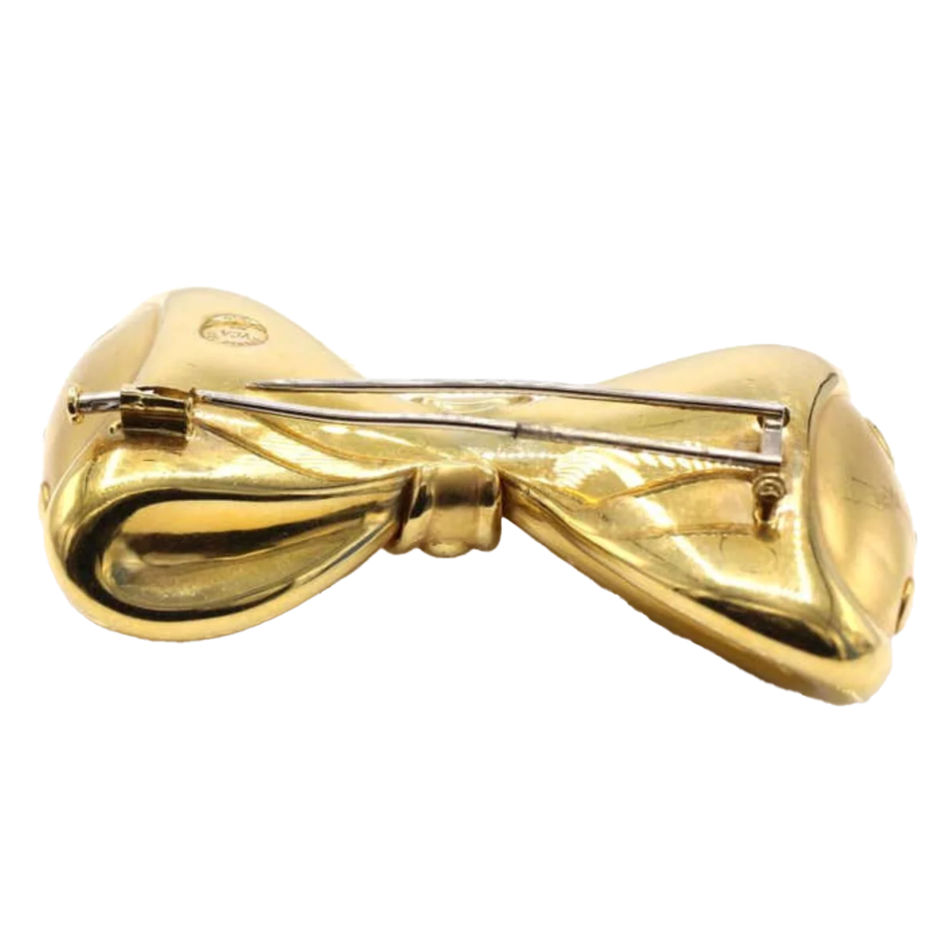 Van Cleef & Arpels France 1980s 18KT Yellow Gold Diamond Bow Brooch back and stamp