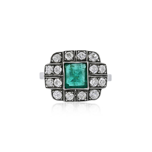 1950s 14KT White Gold Emerald & Diamond Ring front