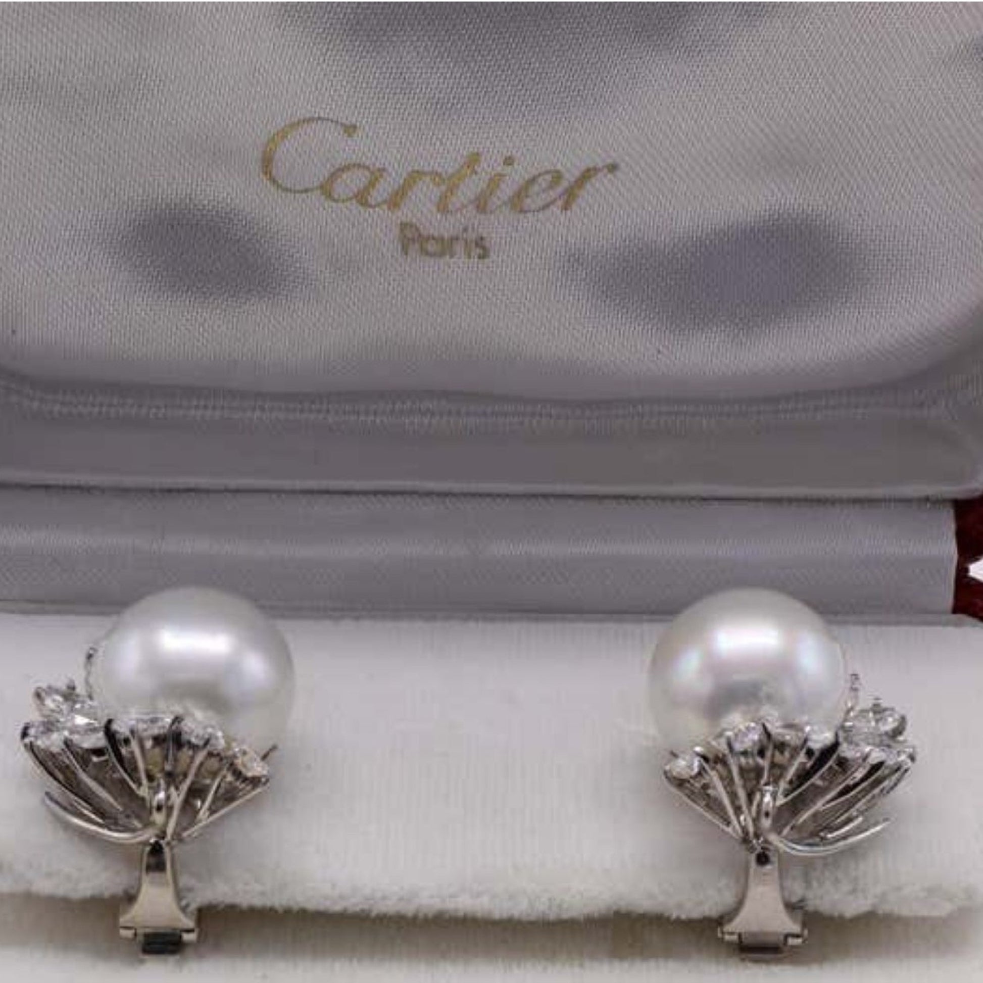 Cartier 1980s Platinum Cultured Pearl & Diamond Earrings in box