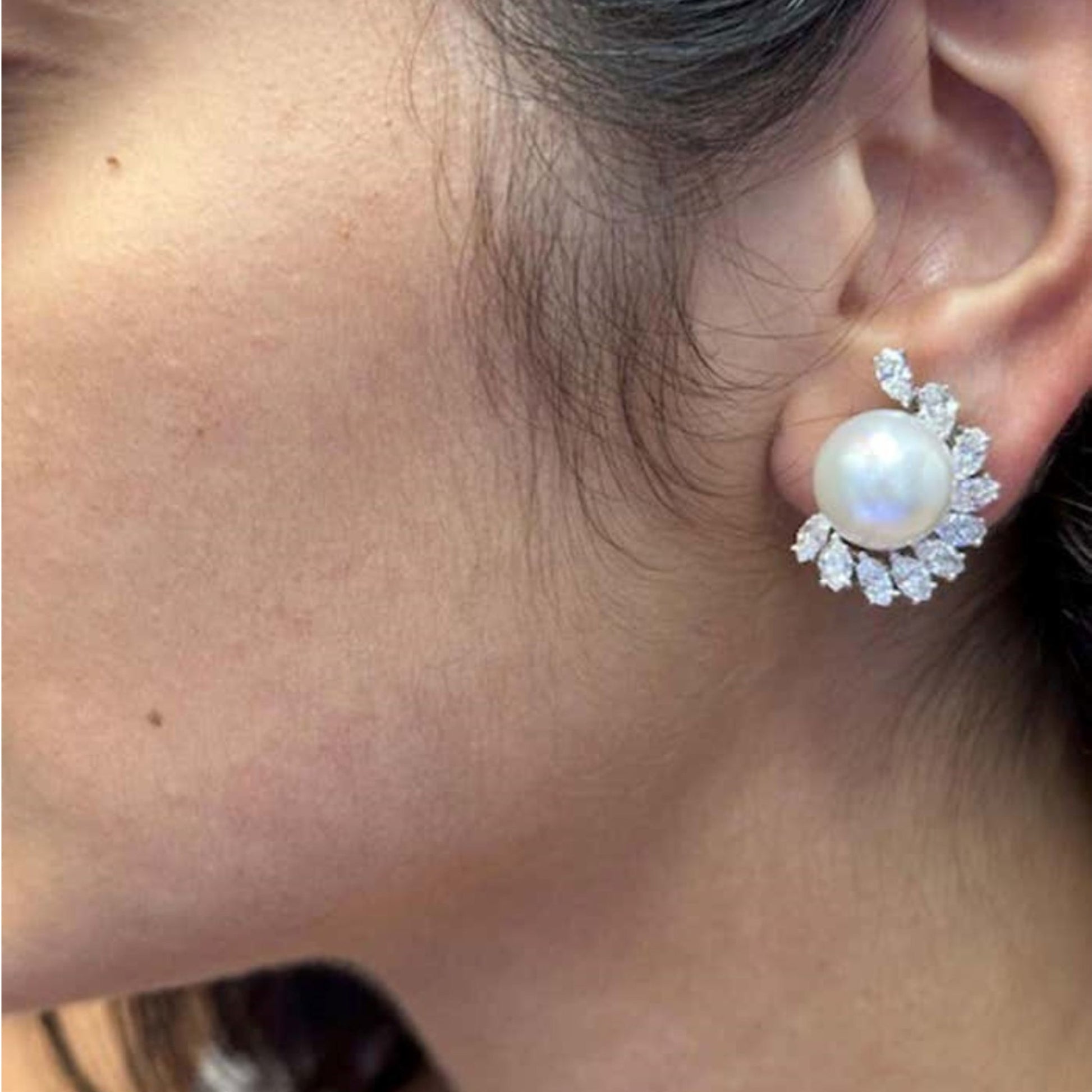 Cartier 1980s Platinum Cultured Pearl & Diamond Earrings on ear