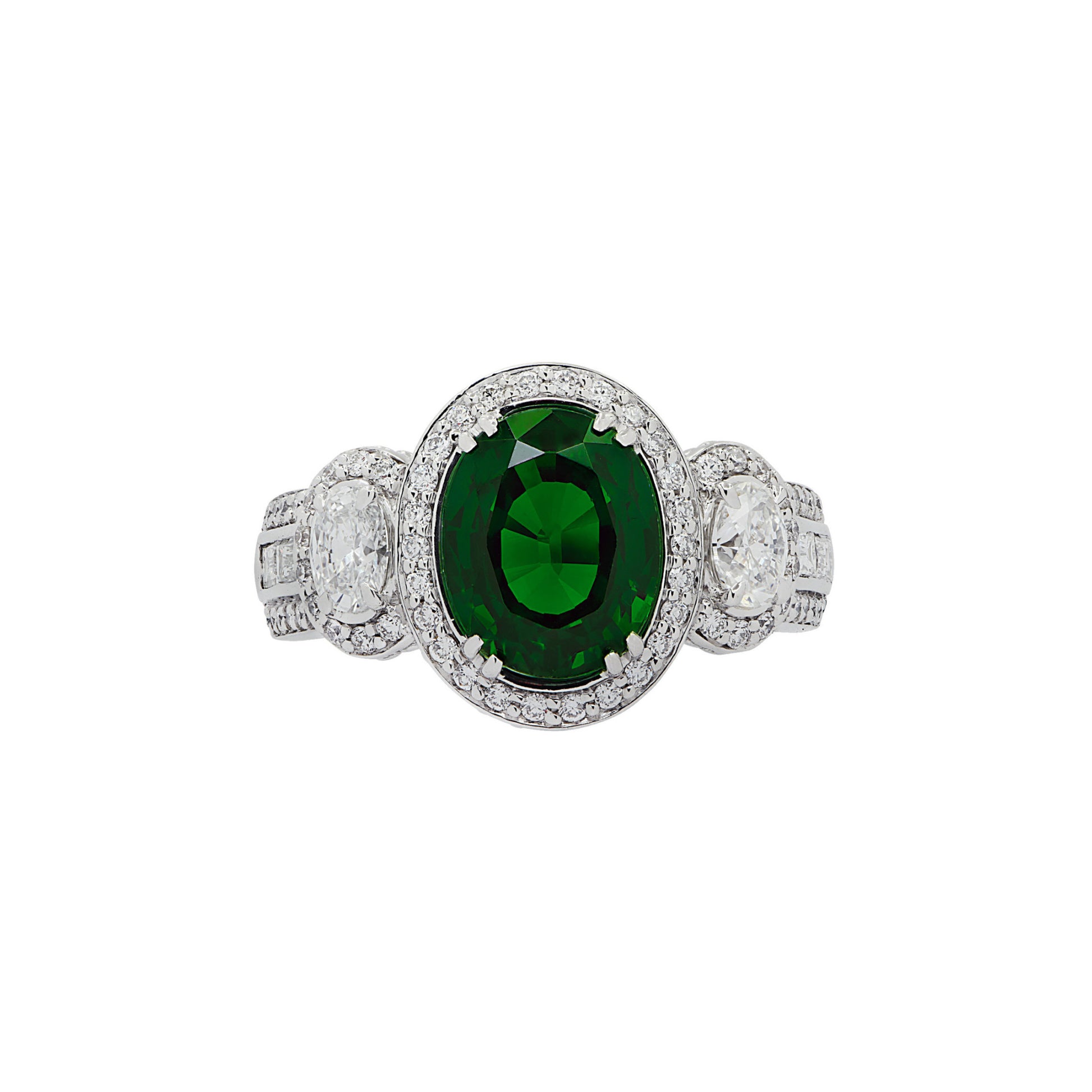 Contemporary 18KT White Gold Tsavorite & Diamond Ring front