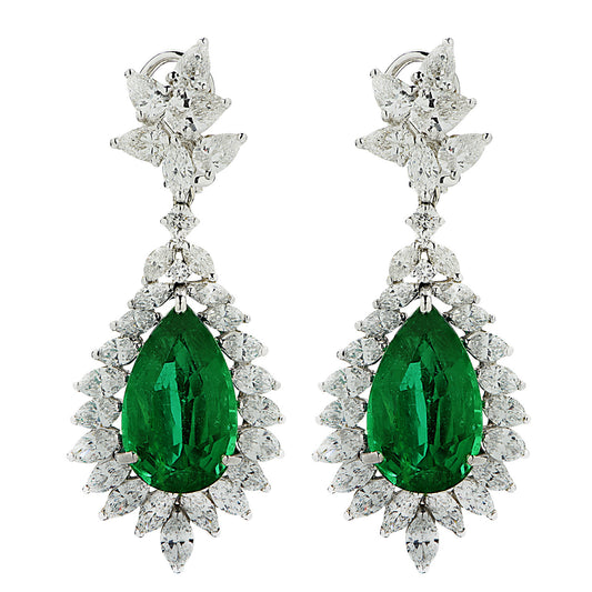 Contemporary Platinum Emerald & Diamond Earrings front