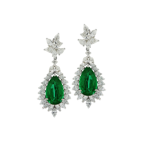 Contemporary Platinum Emerald & Diamond Earrings front