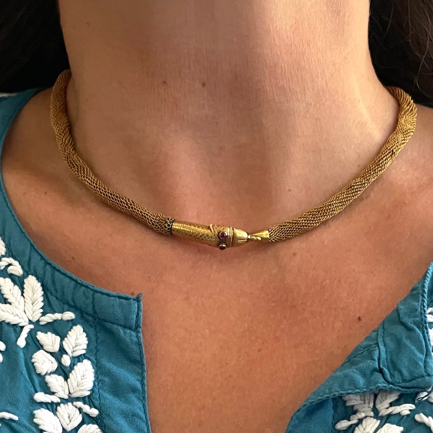 Antique Gilt Ruby Snake Bracelets on neck