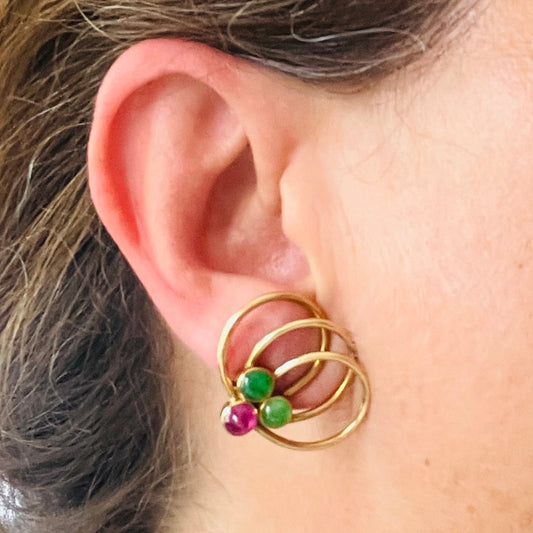 Suzanne Belperron French 1950s 18KT Yellow Gold Ruby, Diamond, Jade & Sapphire Set on ear