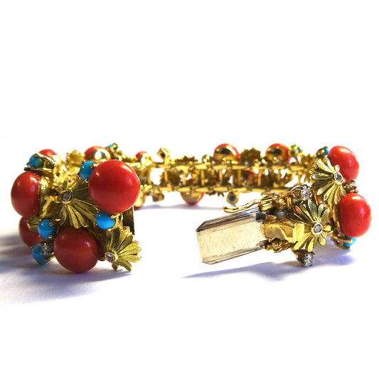 René Kern 1960s 18KT Yellow Gold Coral, Diamond & Turquoise Bracelet back