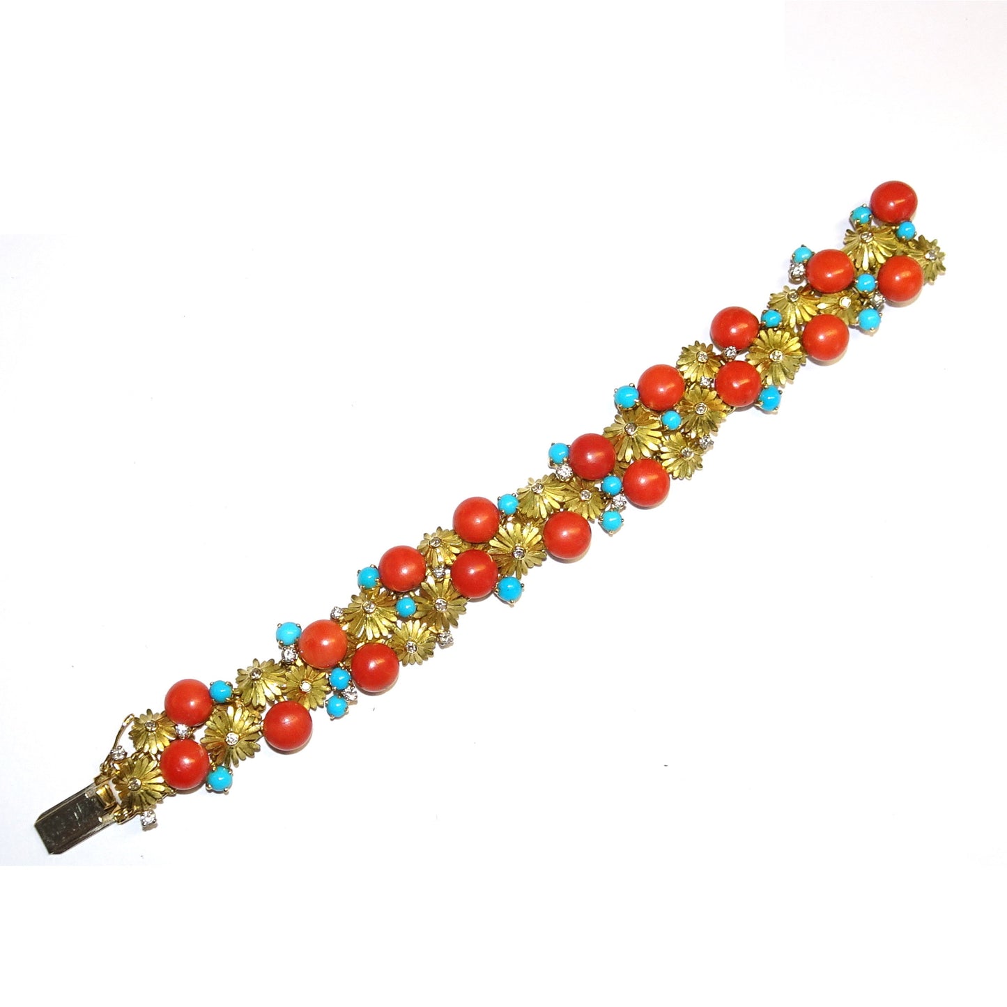 René Kern 1960s 18KT Yellow Gold Coral, Diamond & Turquoise Bracelet front