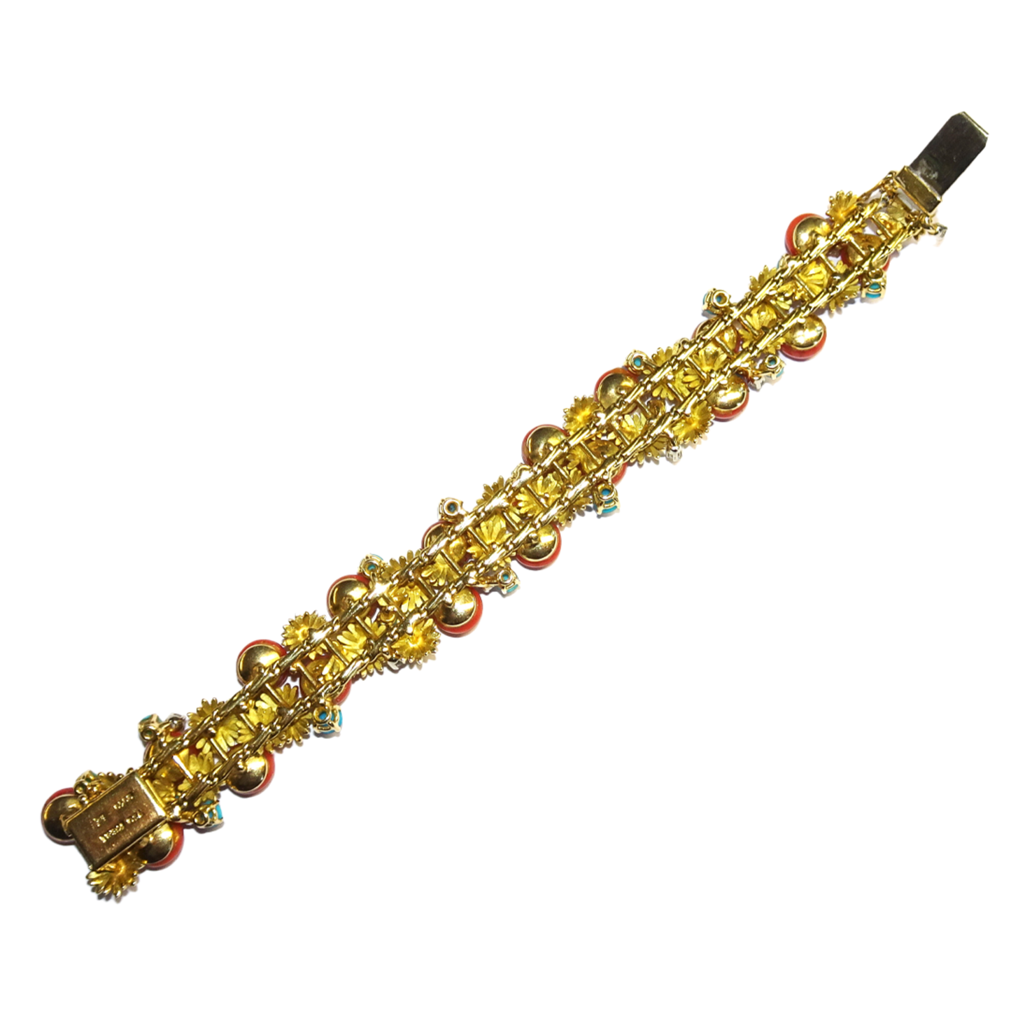 René Kern 1960s 18KT Yellow Gold Coral, Diamond & Turquoise Bracelet back