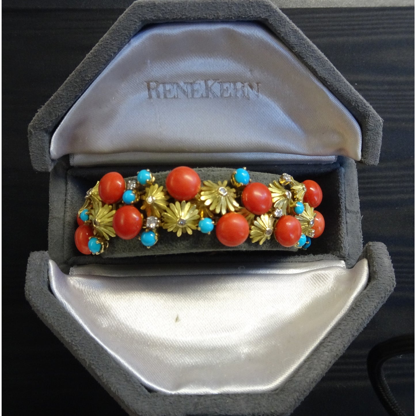 René Kern 1960s 18KT Yellow Gold Coral, Diamond & Turquoise Bracelet in original box