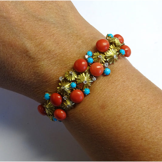 René Kern 1960s 18KT Yellow Gold Coral, Diamond & Turquoise Bracelet on wrist