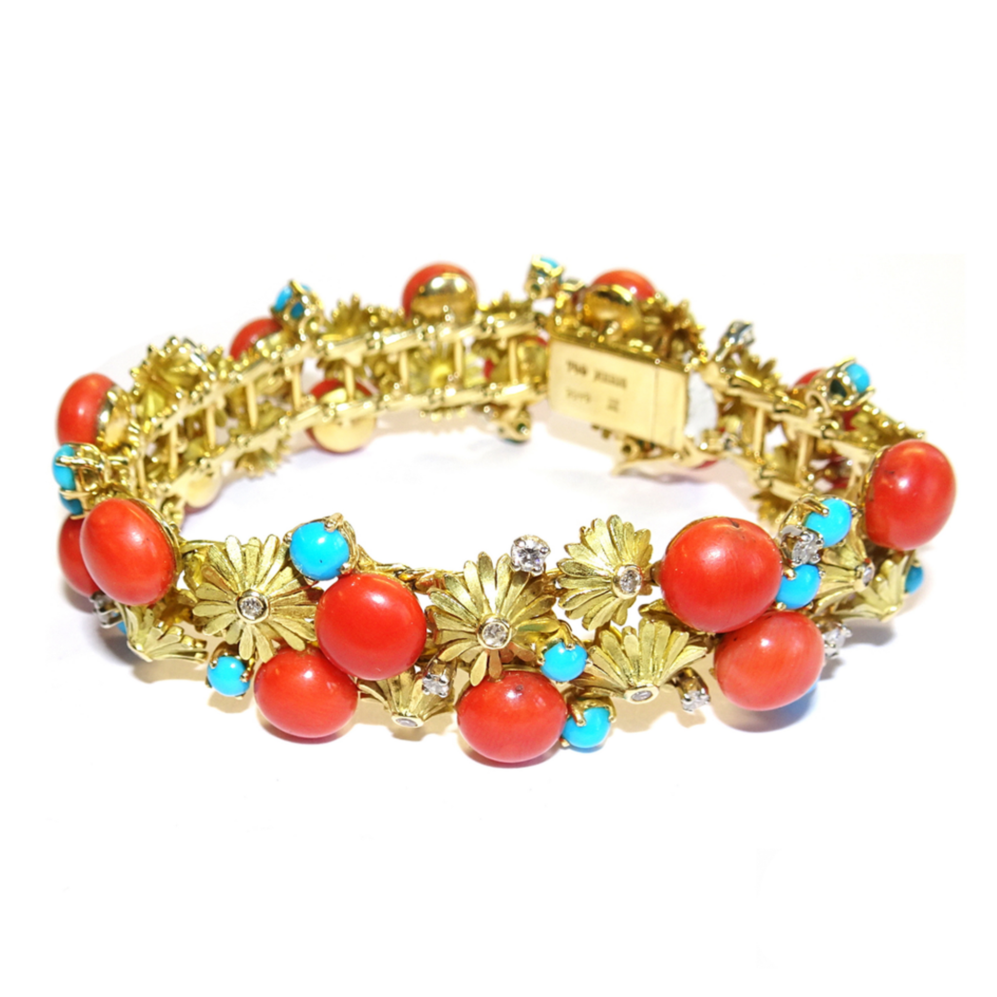 René Kern 1960s 18KT Yellow Gold Coral, Diamond & Turquoise Bracelet front