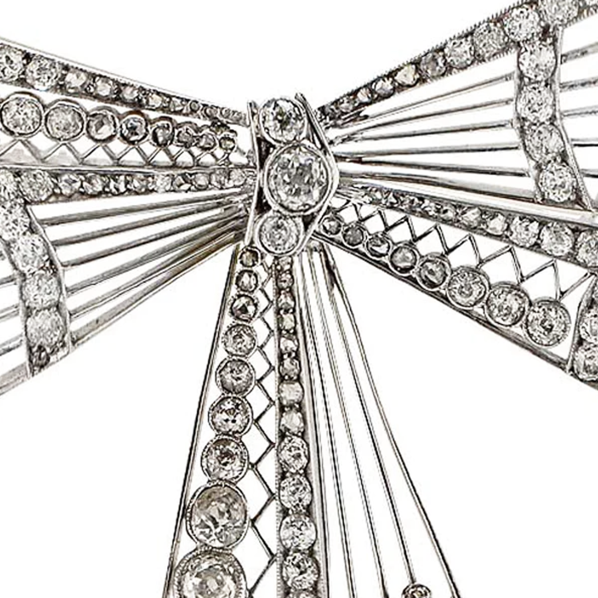 Edwardian Platinum Diamond Bow Brooch close-up details