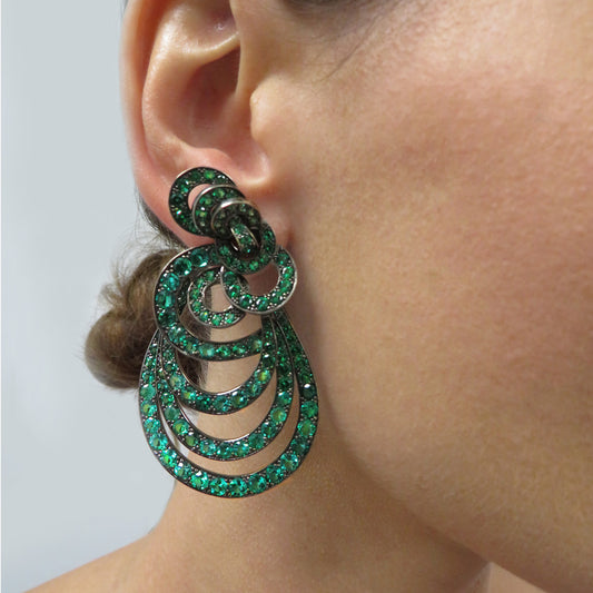 Contemporary 18KT Blackened Gold & Rhodium Emerald Earrings on ear