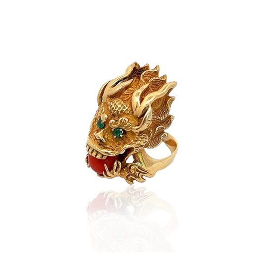 Van Cleef & Arpels 1970s 18KT Yellow Gold Coral & Emerald Dragon Ring front