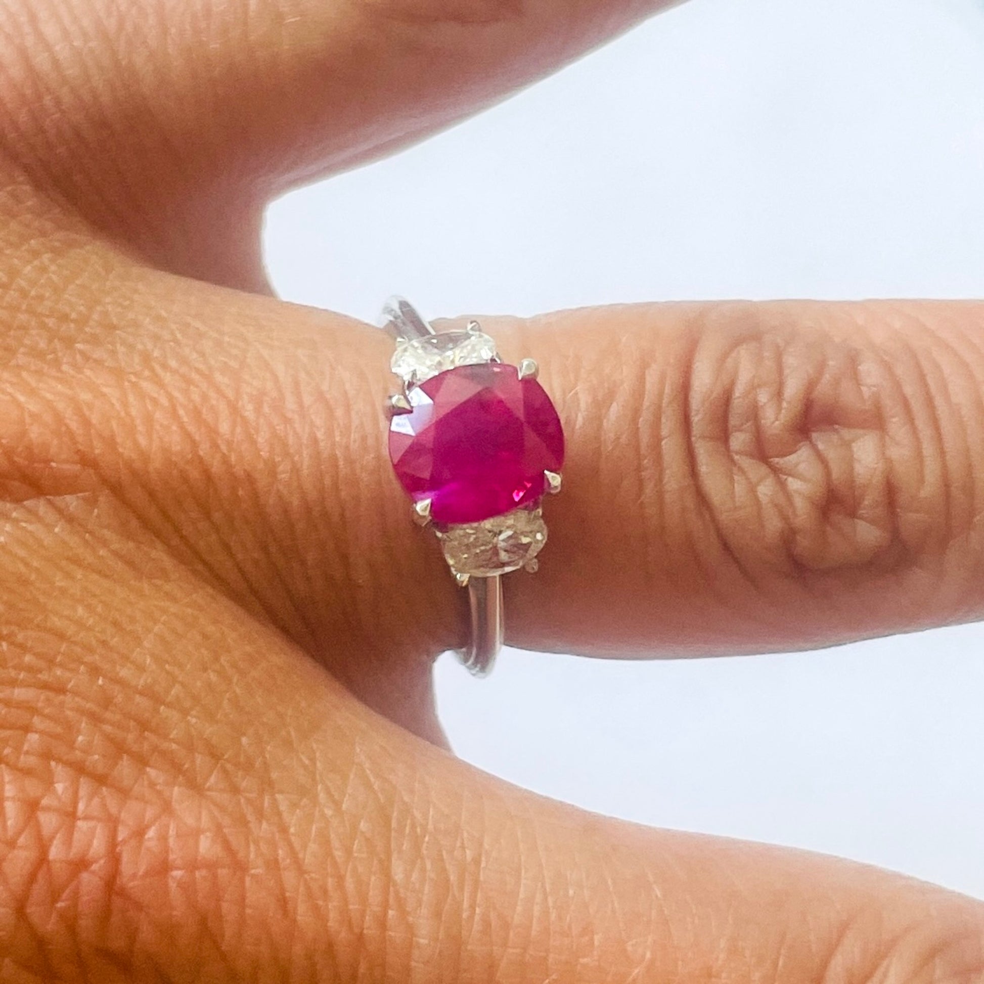 French 1980s 18KT White Gold Ruby & Diamond Ring on finger