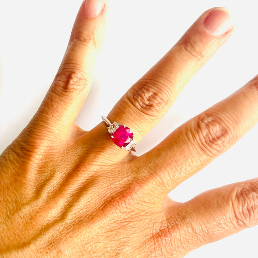 French 1980s 18KT White Gold Ruby & Diamond Ring on finger
