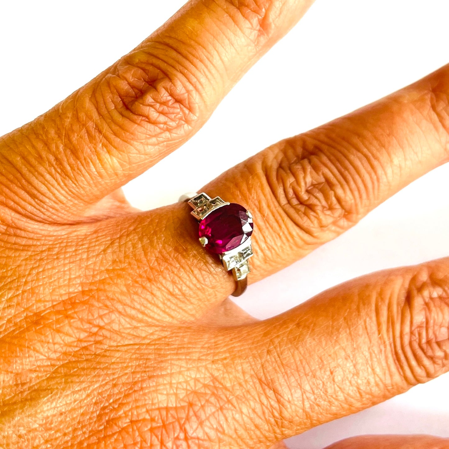 French Art Deco Platinum Ruby & Diamond Ring on finger