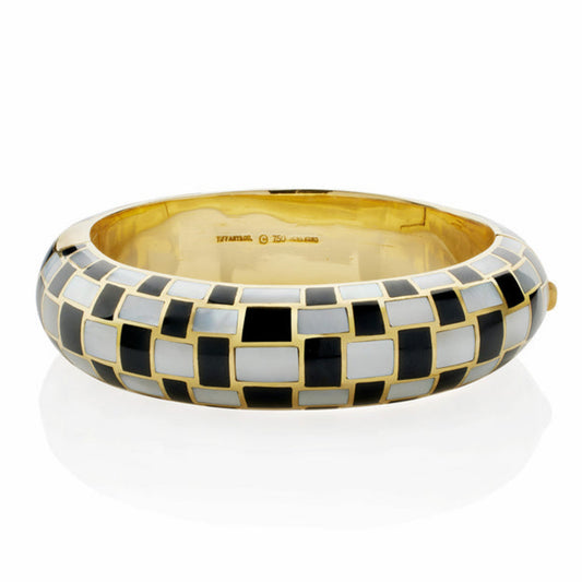 Tiffany & Co. 1980s 18KT Yellow Gold Mother of Pearl & Black Jade Bangle Bracelet signature