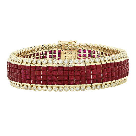 Post-1980s 18KT Yellow Gold Ruby & Diamond Bracelet front