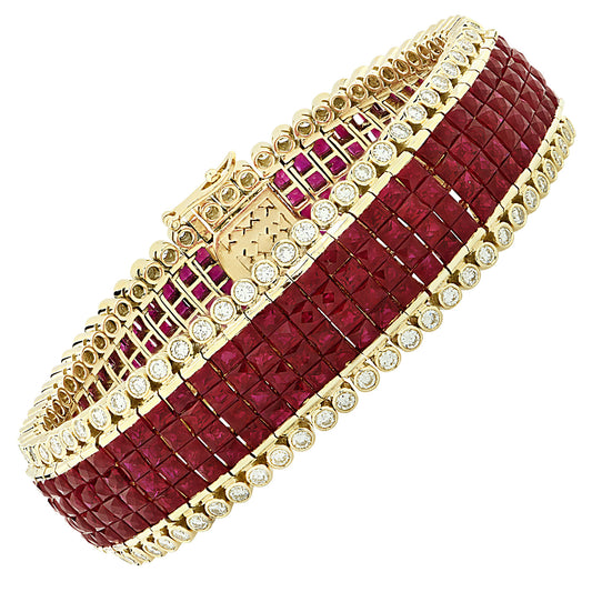 Post-1980s 18KT Yellow Gold Ruby & Diamond Bracelet front