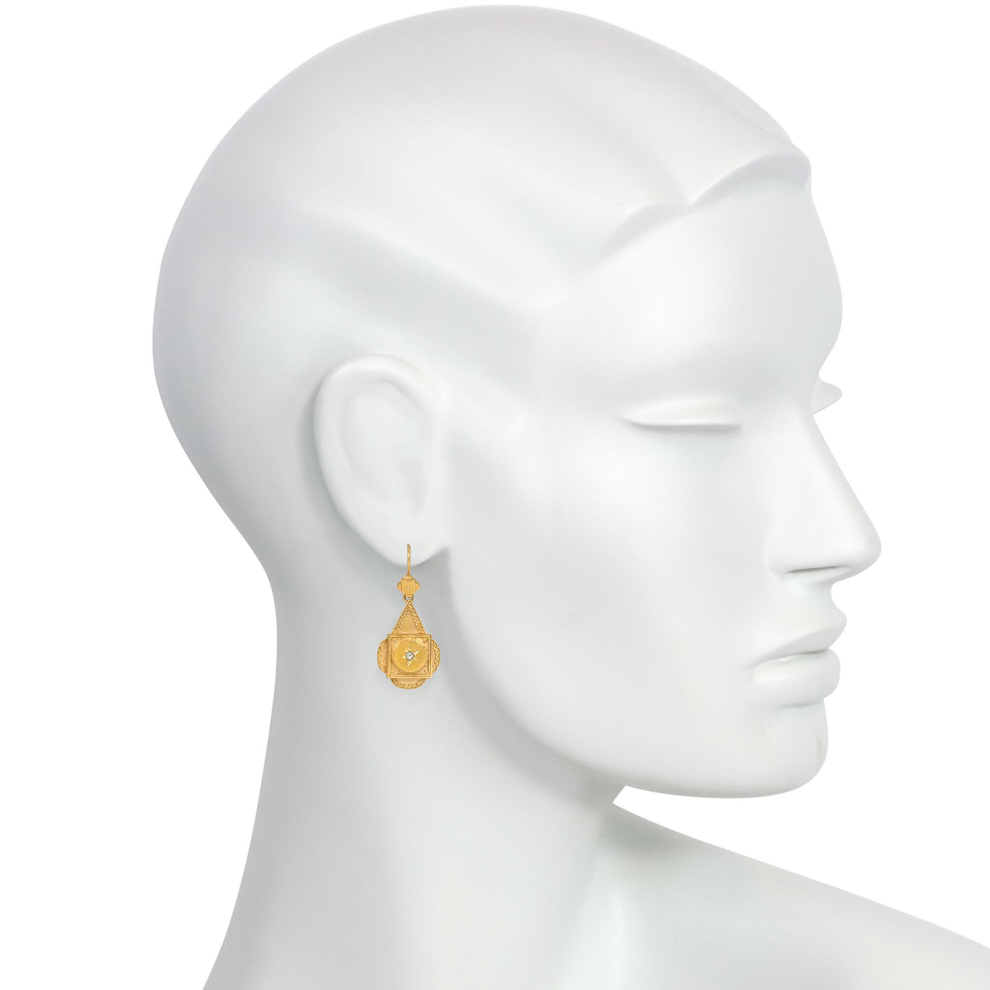 English Victorian 15KT Yellow Gold Diamond Earrings on ear