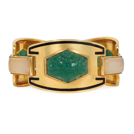 Sasportas French Art Deco 18KT Yellow Gold Jade, Chalcedony & Enamel Bracelet front