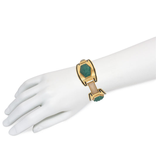 Sasportas French Art Deco 18KT Yellow Gold Jade, Chalcedony & Enamel Bracelet on wrist